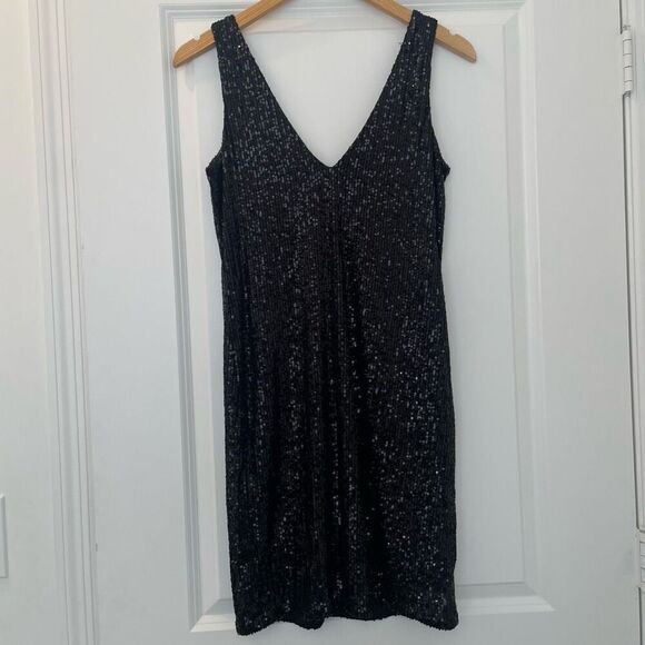 H&M Sequins Black V Neck Sleeveless Dress Size Small - Picture 2 of 4